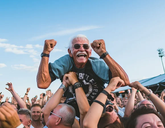 Älterer Mann bei einem Konzert, hebt die Arme und lächelt. Trägt Gehörschutz, um den Musikgenuss ohne Hörschäden zu erleben.