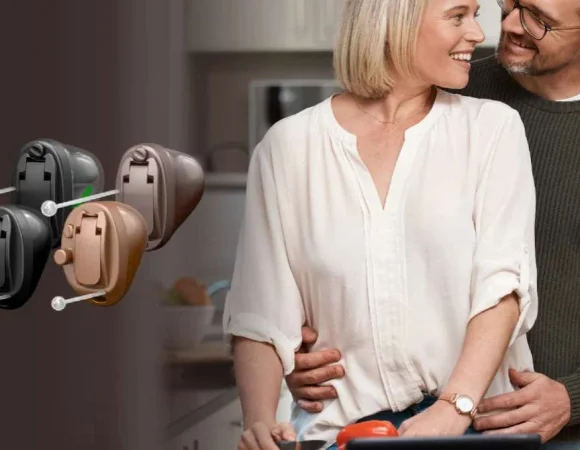 Paar tauscht sich lächelnd aus; daneben sind Oticon Own Im‑Ohr‑Hörgeräte in verschiedenen Farben zu sehen. Zeigt die maßgeschneiderten Hörerlebnisse mit Oticon Own für individuellen Alltag.